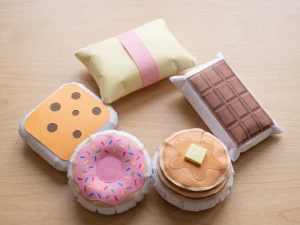 Фото сквишей из бумаги: масло butter, квадратный сыр, шоколадка, пончик и стопка панкейков