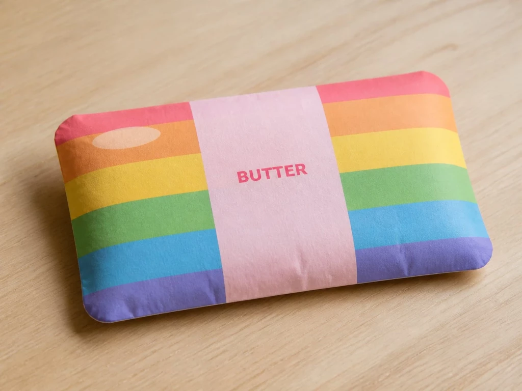 Фото сквиши радужное масло butter из бумаги: брусок в шесть цветных полос с розовой обёрткой и надписью butter